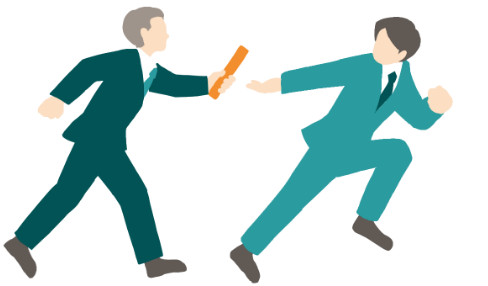 事業承継のイラスト(次の世代へバトンタッチしているビジネスマン)